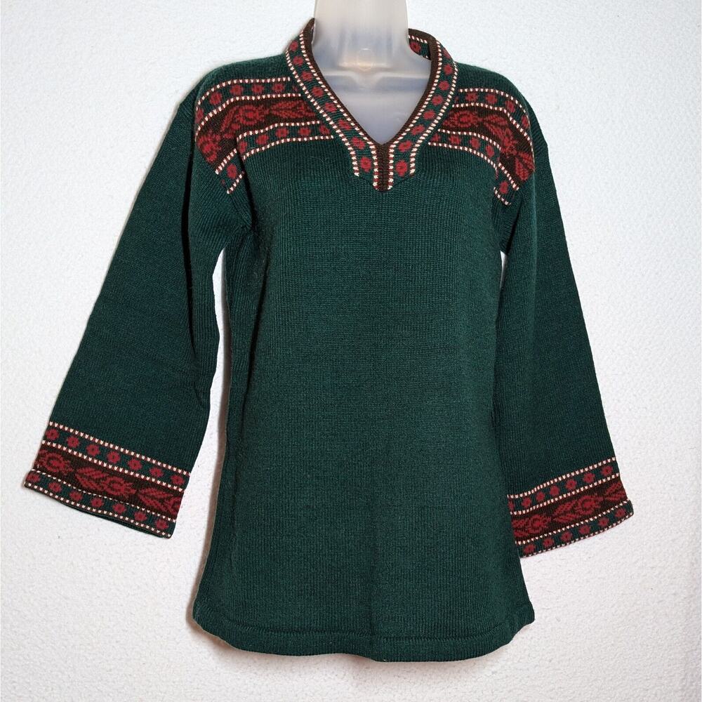 Vtg 70's Tunic Sweater Acrylic Fibre Women Sz Small Green Knit Winter V-Neck
